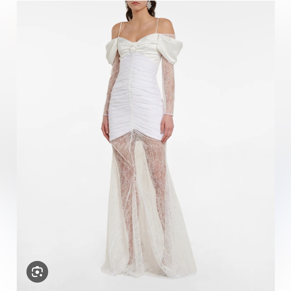 Rasario Off the Shoulder Buckle and Draped Lace and Satin Dress